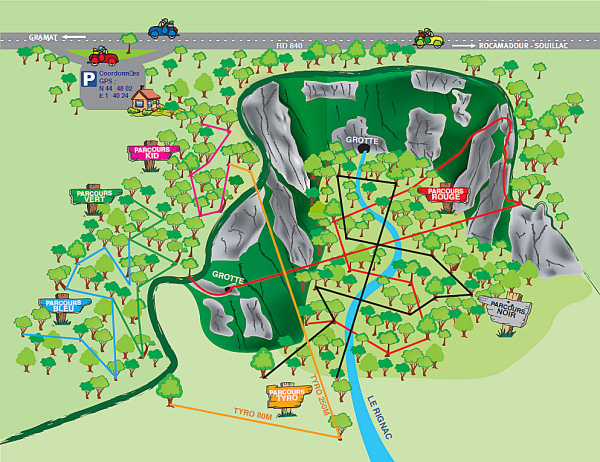 Plan des parcours de Rocamadour Aventure